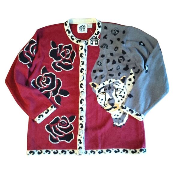 VTG Storybook Knits Safari Leopard Floral Cottagecore Cardigan Large NWT RARE - Picture 5 of 15